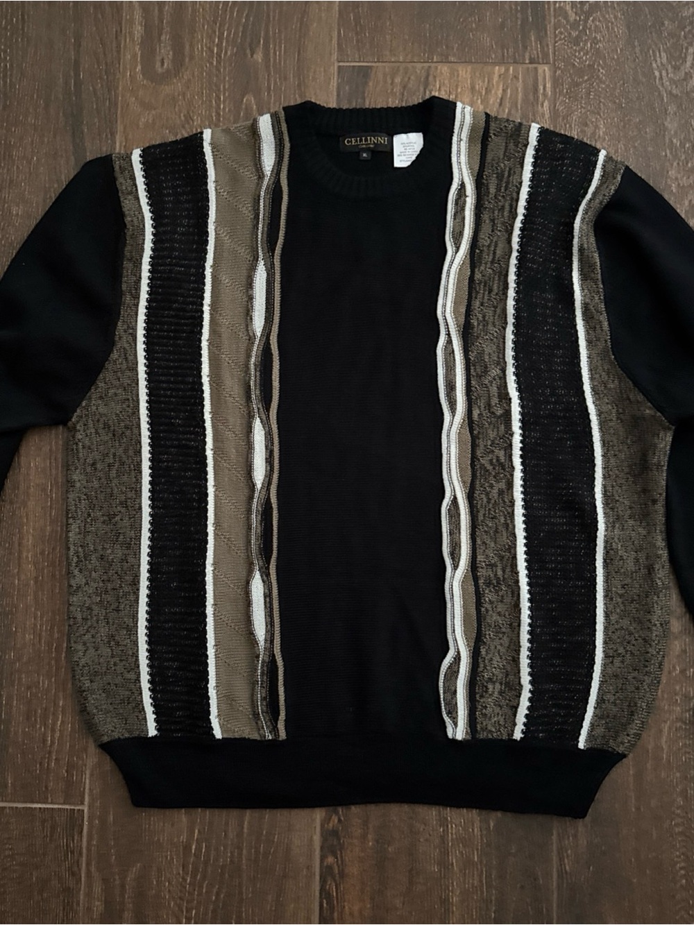 Black Crewneck Sweater with Brown and Cream Stripes